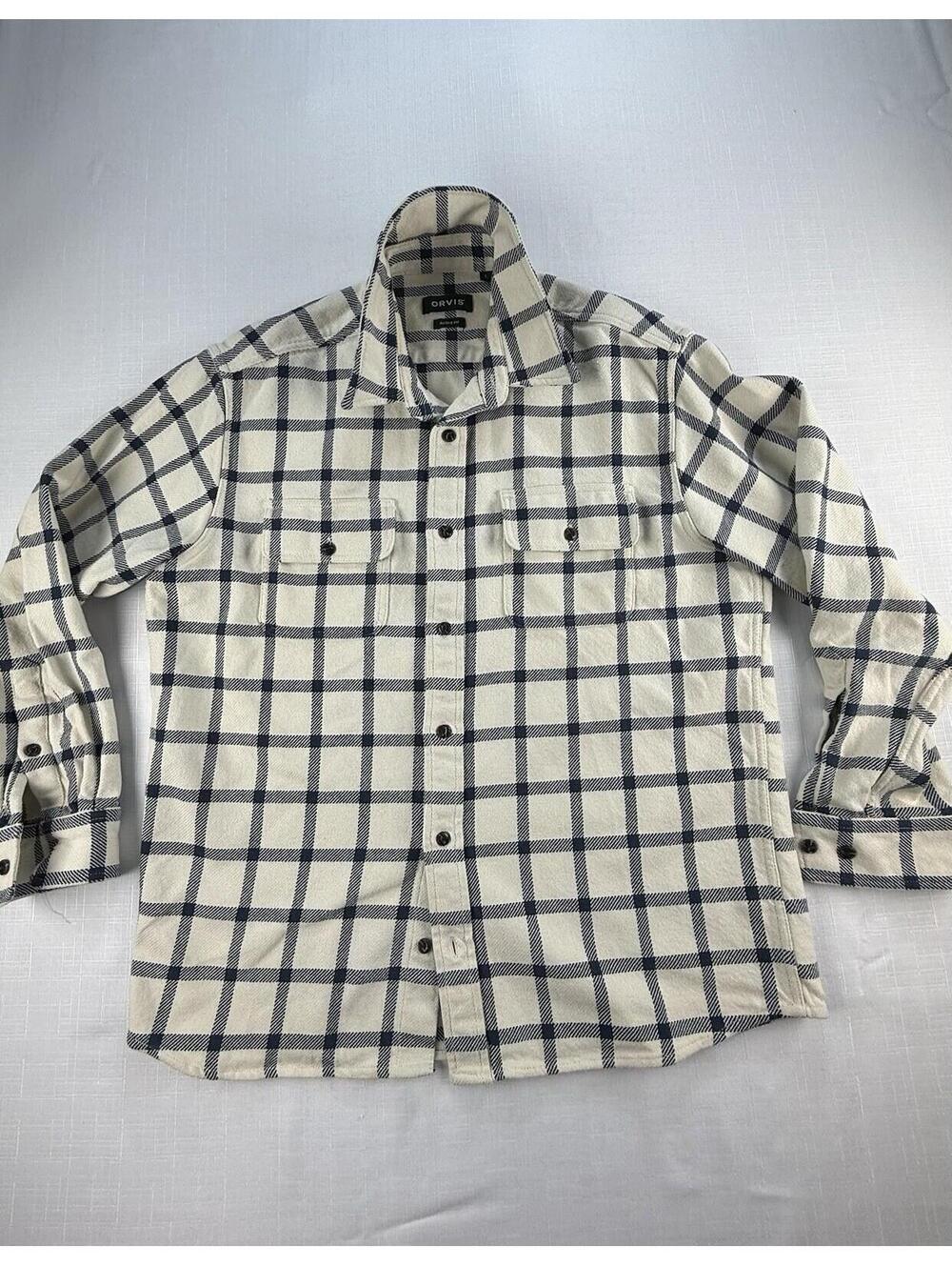 Orvis Active Fit Flannel Shirt Mens Large Beige Blue Plaid Button Front L